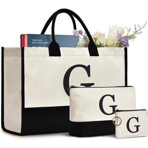 Initial Canvas Tote Bag Birthdays Gift for Women White-g